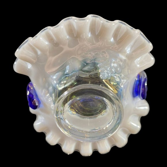 Vintage Fenton Mini Basket Grape & Vine Ruffled Opalescent w/Iridescent Handle - Picture 11 of 14